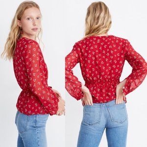 Madewell red floral peplum long sleeve blouse